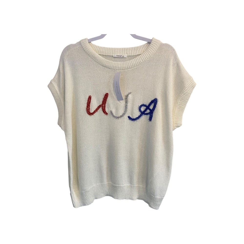 NWT Timing USA Knit Top‎ Cream Sleeveless Patriotic Red White Blue Summer Large